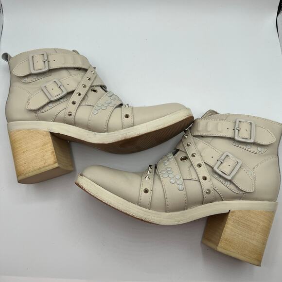 Kelsi Dagger Brooklyn Studded Wallace Buckle Leather Boots Cream Block Heel 8.5 - Picture 8 of 16